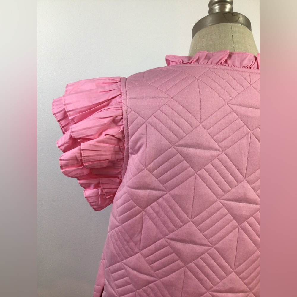 NWOT Pink Ruffle Sleeve Quilted Dress Midi, sz Large - Picture 7 of 11